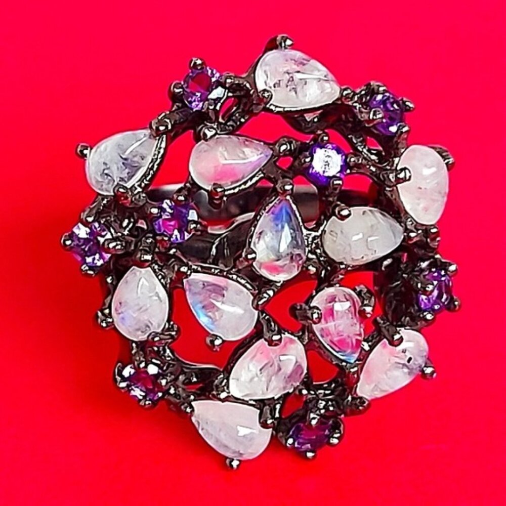 Natural Moonstone & Amethyst 925 Sterling Silver Ring‎ Sz 7